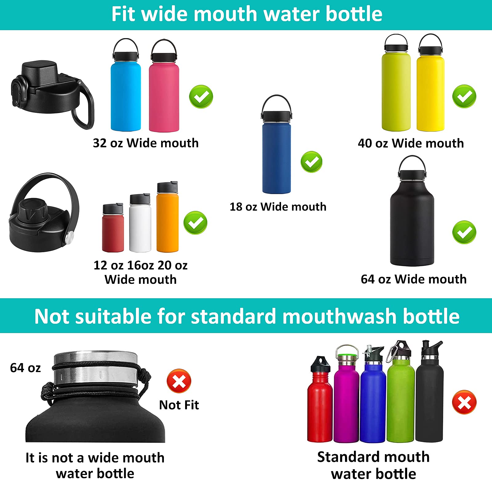 Vmini Push-Button Flip Lid, Compatible With Hydro Flask Wide Mouth Water Bottle, Wide And Rotating Handle, Easy To Carry - Leak-
