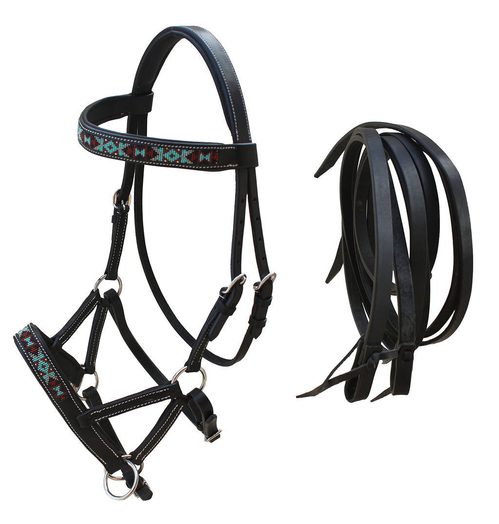 Challenger Horse Western English Leather Bitless Sidepull Bridle W/Split Reins 77Rs12Bk