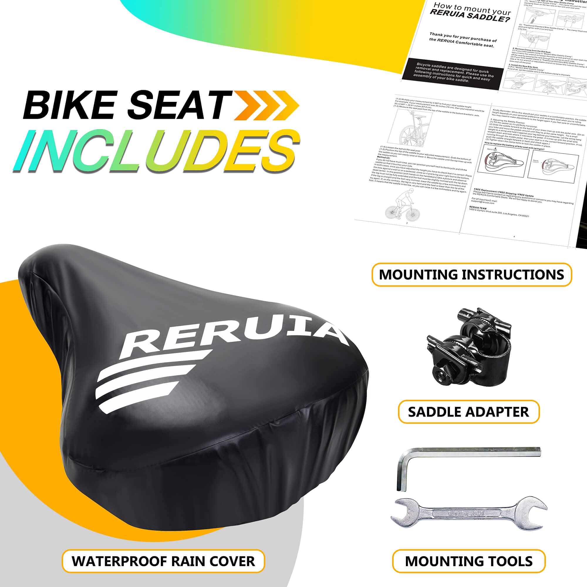 Reruia Comfortable Bike Seat With Light Breathable Memory Foam Padded Bike Saddle Dual Shock Absorbing Center Cutout Bicycle Cus