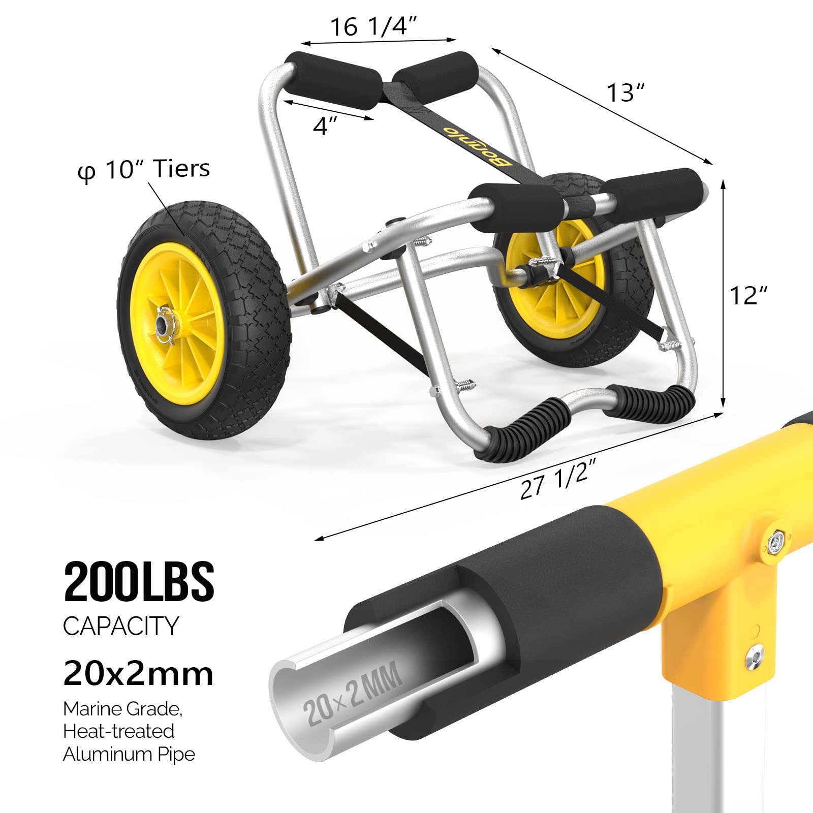 Bonnlo Universal Kayak Carrier - Trolley For Carrying Kayaks, Canoes, Paddleboards, Float Mats, And Jon Boats - Inflation-Free S