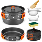 Odoland 9Pcs Camping Cookware Non-Stick Lightweight Camping Pots And Pans Set With Plastic Bowls Soup Spoon For Camping, Backpac