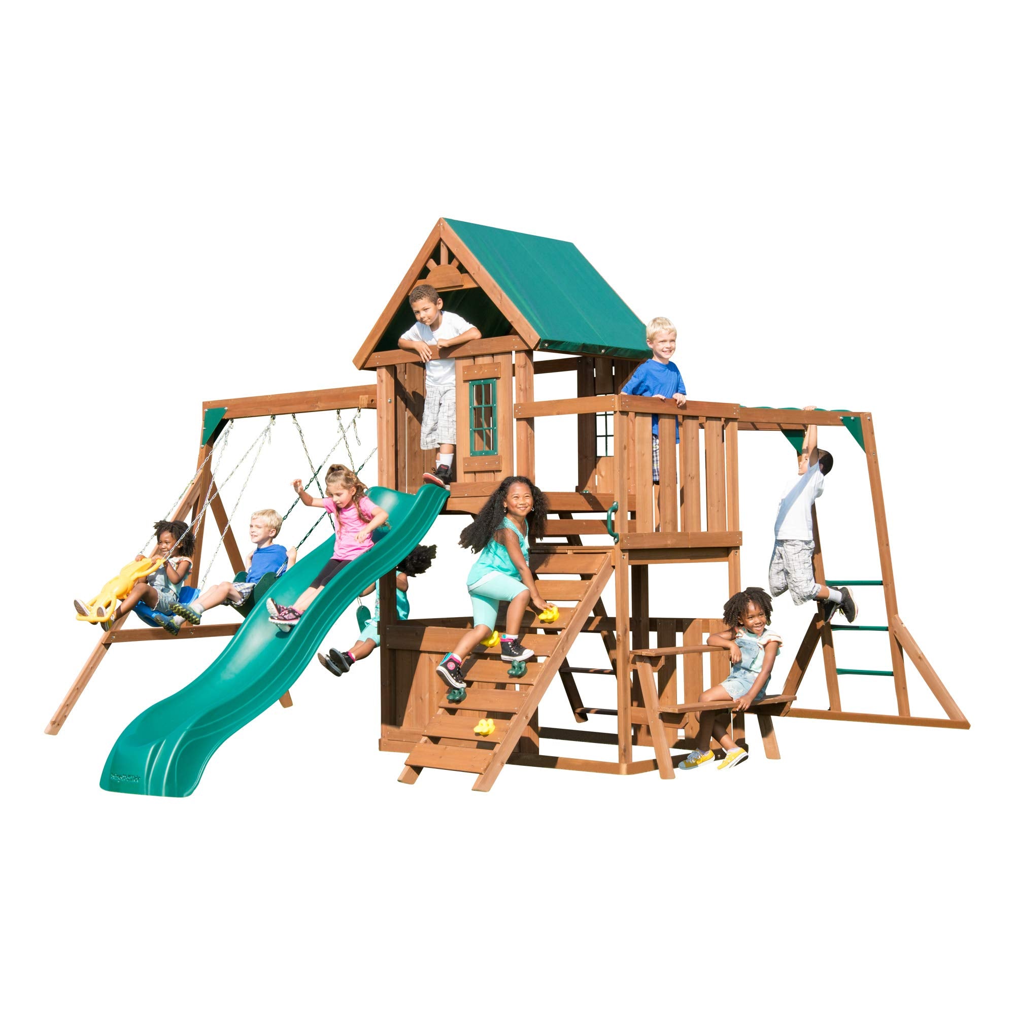 Swing-N-Slide Fremont Wooden Swing Set with Slide, Glider, Swings, Monkey Bars, Climbing Wall and Picnic Table, Wood, Green