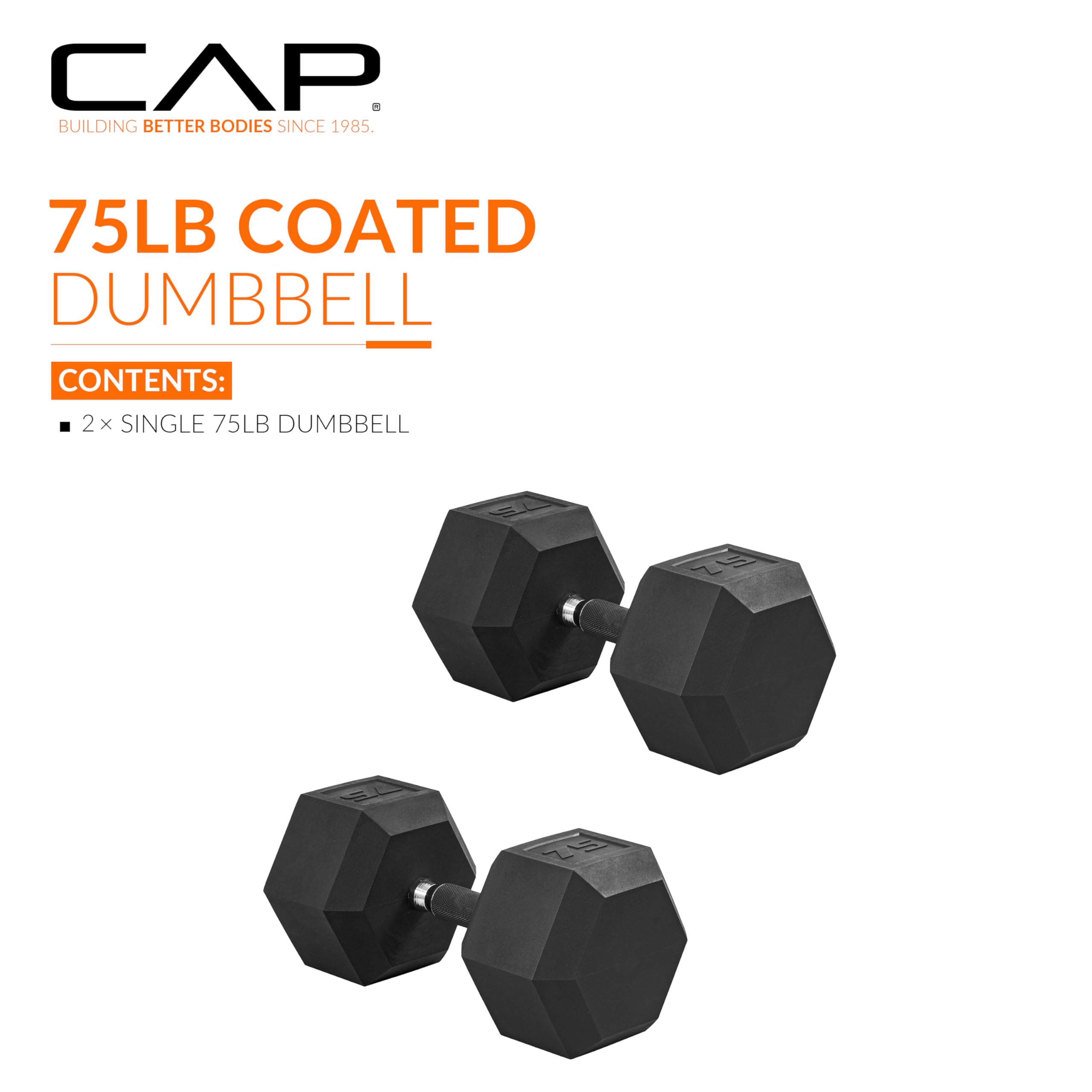 CAP Barbell 75 LB Rubber Coated Hex Dumbbell Hand Weight with Padded Grip - Pair | Comfort Grip
