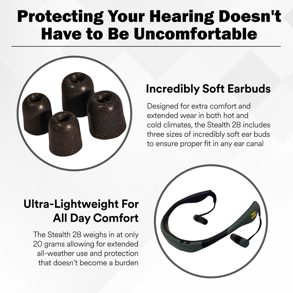 Pro Ears Stealth 28 Ear Buds, Electronic Noise Amplification, 28 Db Hearing Protection, Behind The Head, Hunting & Shooting, Ele