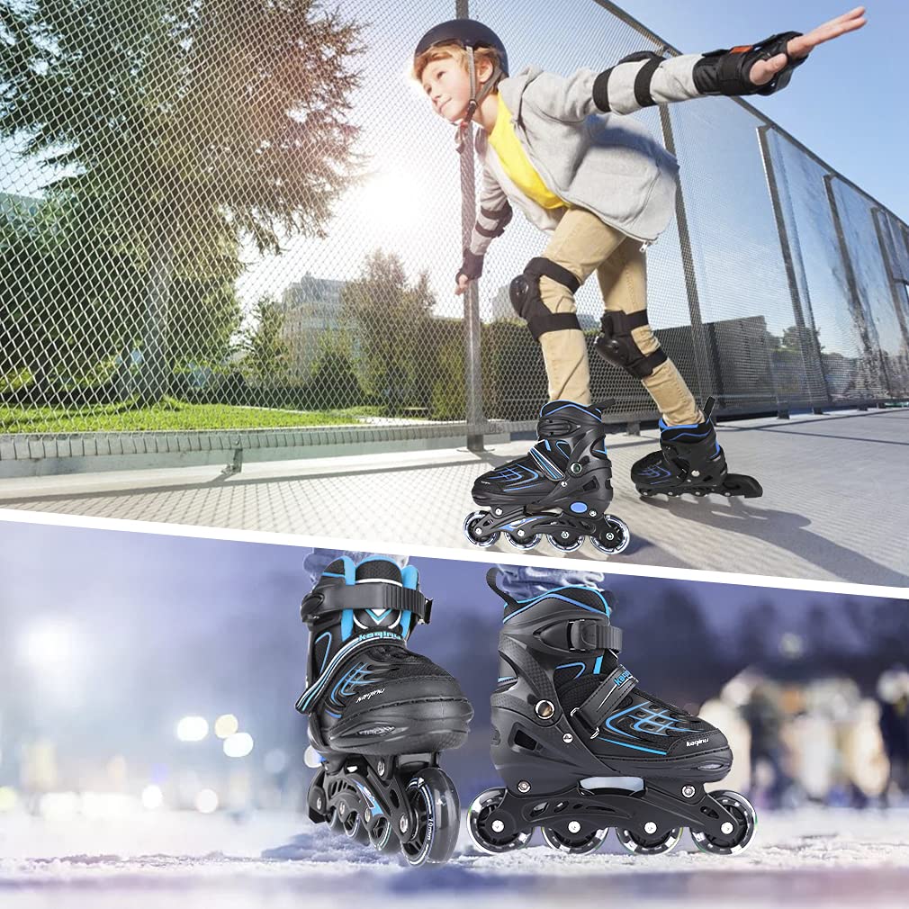 Kaqinu Adjustable Inline Skates, Outdoor Inline Skates With Full Illuminating Wheels For Women, Kids, Girls And Boys (Blue, L)