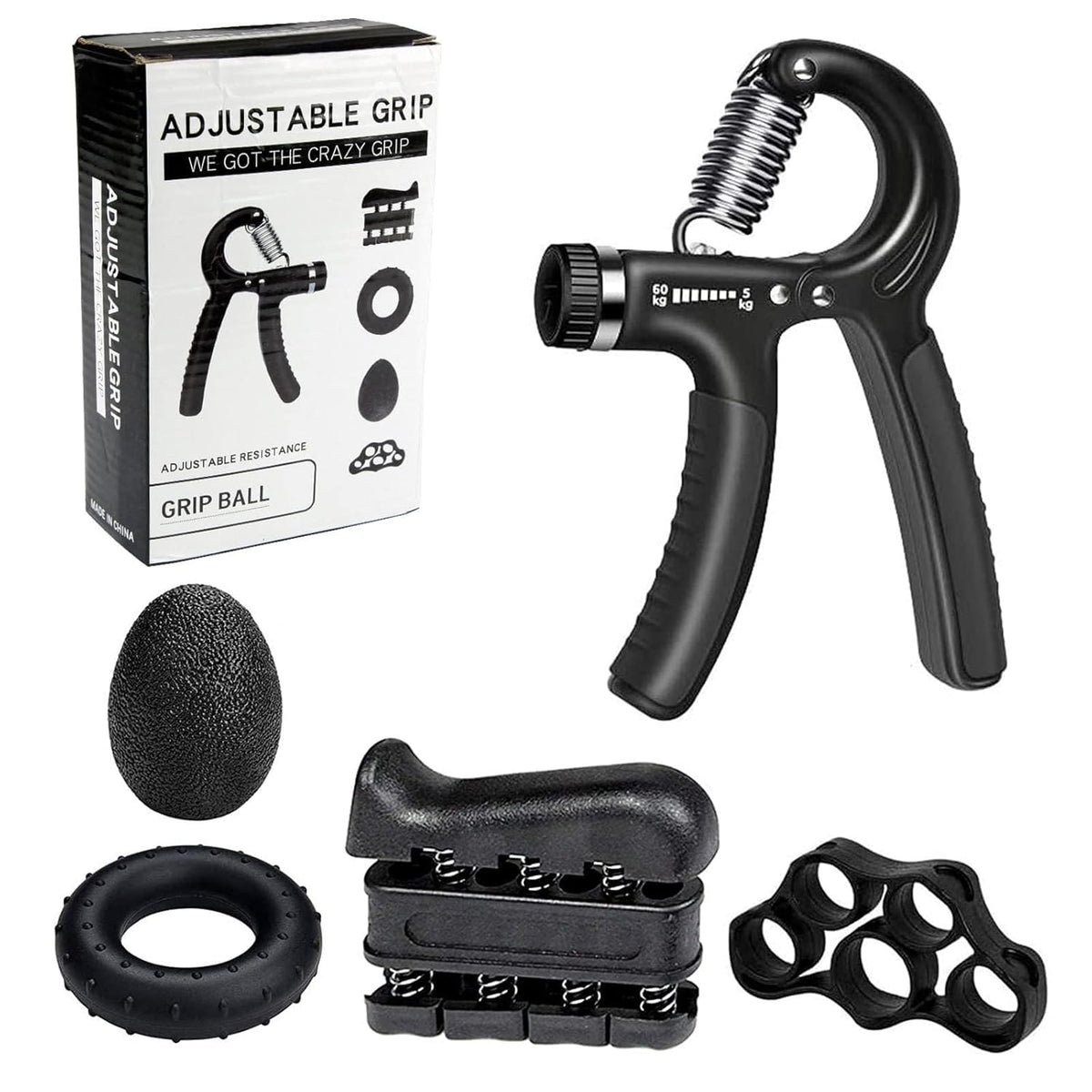JASYXO Adjustable Hand Gripper Set (5 Pack)  560kg Grip Strength Trainer with Finger Stretcher, Stress Ball & Forearm Exercise