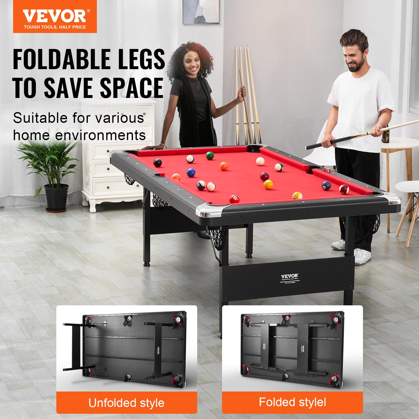 VEVOR Billiards Table, 7 ft Pool Table, Portable Foldable Space-Saving Table, Billiard Table Set Includes Balls, Cues, Chalks an