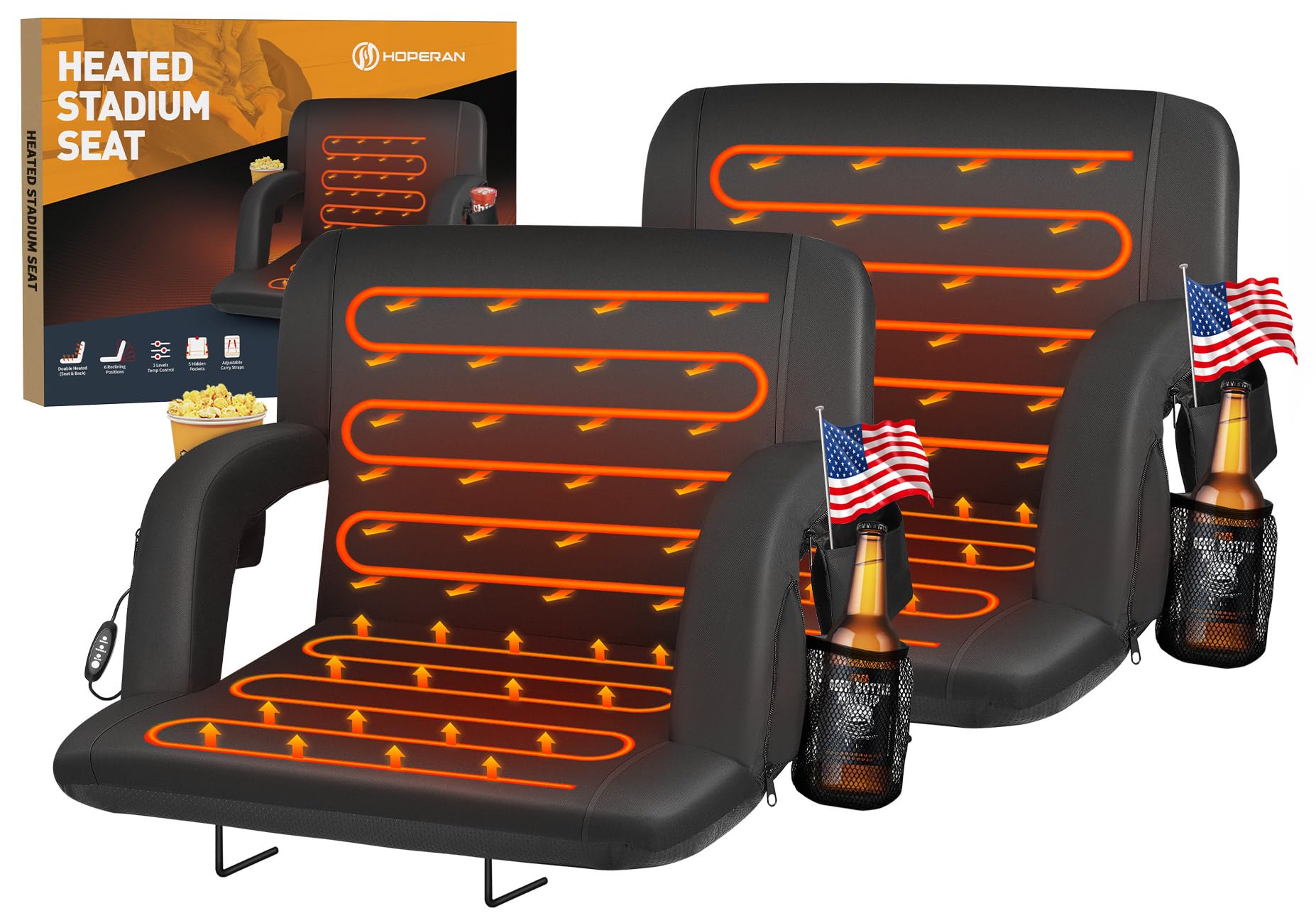 HOPERAN 2pcs Double Heated Stadium Seats for Bleachers with Back Support 23 Wide Cushion, Extra Portable Bleacher Seat Foldable 