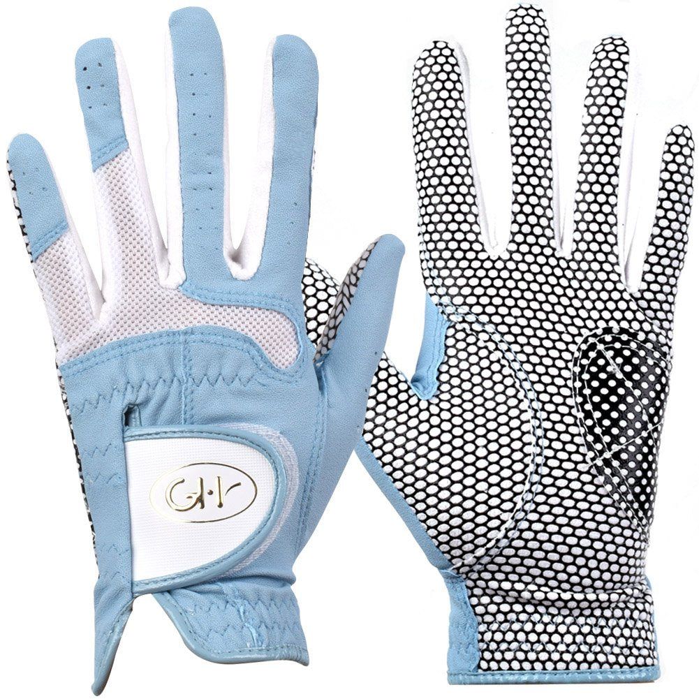 Gh Womens Leather Golf Gloves One Pair - Plain Both Hands (Blue, 20 (M))