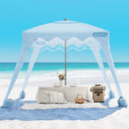 OutdoorMaster Beach Cabana with Fringes, Portable 6 x 6 Beach Canopy for Sand, Easy Set Up Sun Shelter, Included Side Wall, UP