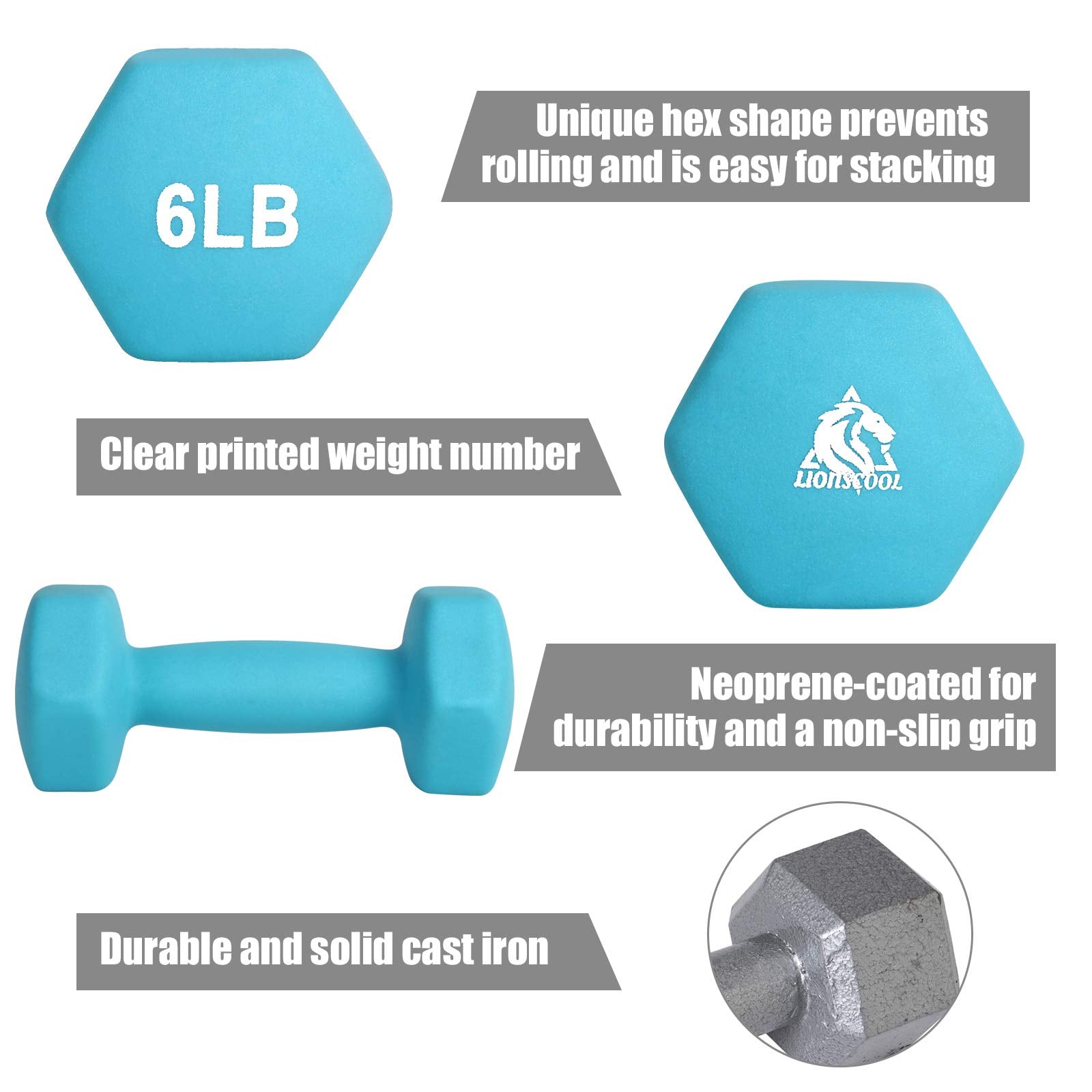 Lionscool Neoprene Coated Dumbbell Weights (Skyblue 6Lb Pair)