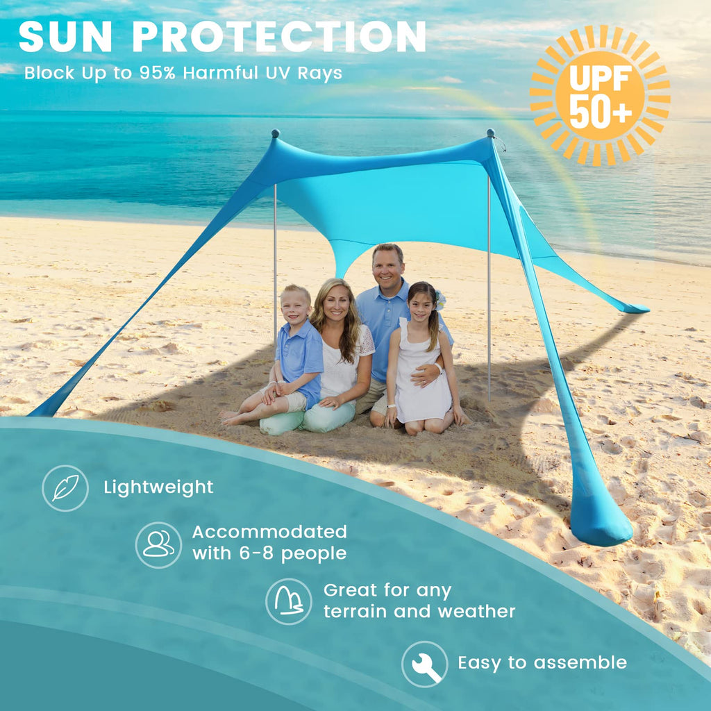 Beach Tent Sun Shelter - 10 X 10 Ft Beach Canopy Upf50+ Uv Protection With Sandbags, Poles, Grond Pegs And Anti-Wind Ropes For F