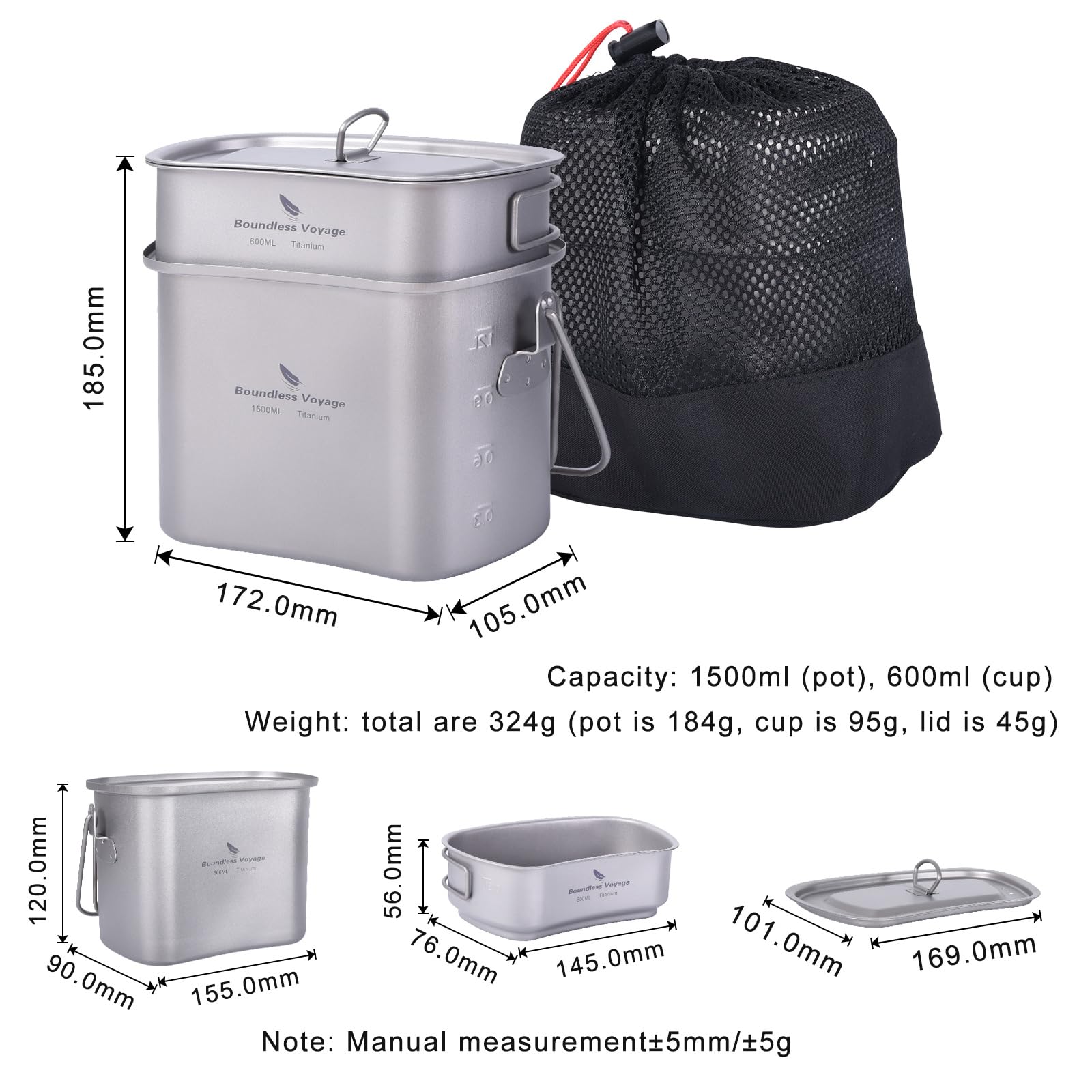 Boundless Voyage Titanium Mess Kit Hanging Pot Cup With Lid Folding Handles Outdoor Camping Cooking Set Ultralight Portable Tabl