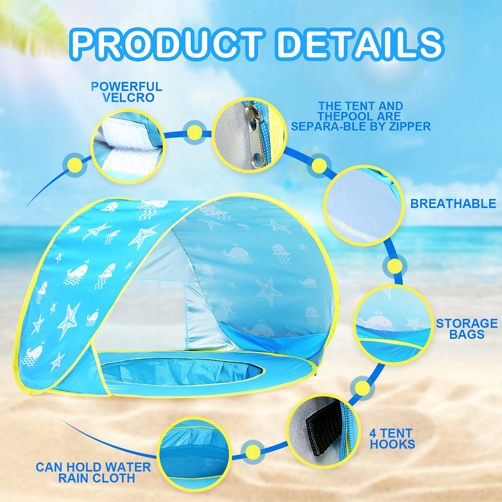 Geerwest Beach Tent Toddlers Pool Tents Pop Up Portable Toys Sun Shelter Uv Protection Shade For Infant With Carry Bag (Blue)