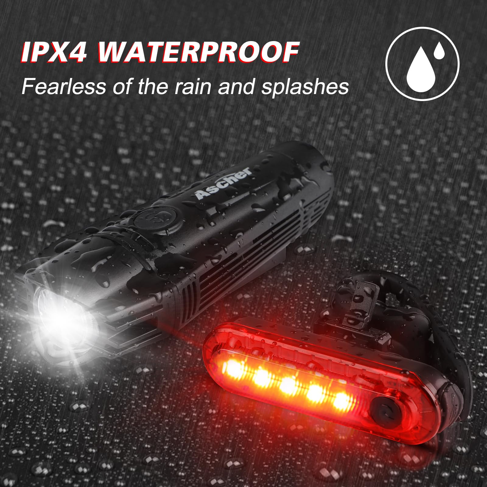 Ascher Ultra Bright Usb Rechargeable Bike Light Set, Powerful Bicycle Front Headlight And Back Taillight, 4 Light Modes, Easy To