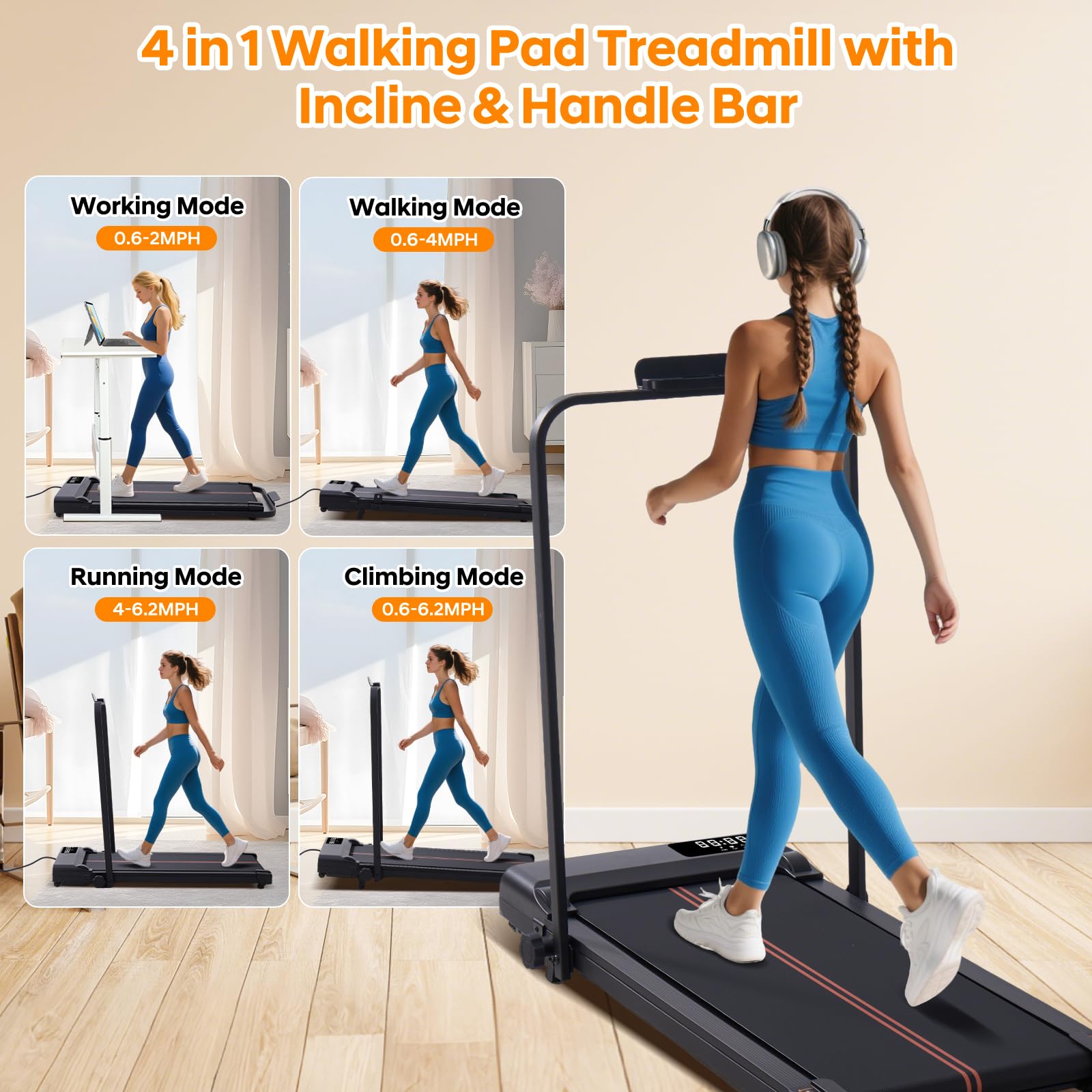 Walking Pad With Handle Bar And Incline, 3.0Hp Portable Small Treadmills With Handles For Home Small Spaces, 0.6-6.2Mph Electric