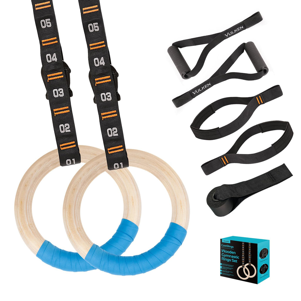 Vulken Wooden Gymnastic Rings With Adjustable Numbered Straps. 1.25'' Olympic Rings For Core Workout, Crossfit, Bodyweight Train