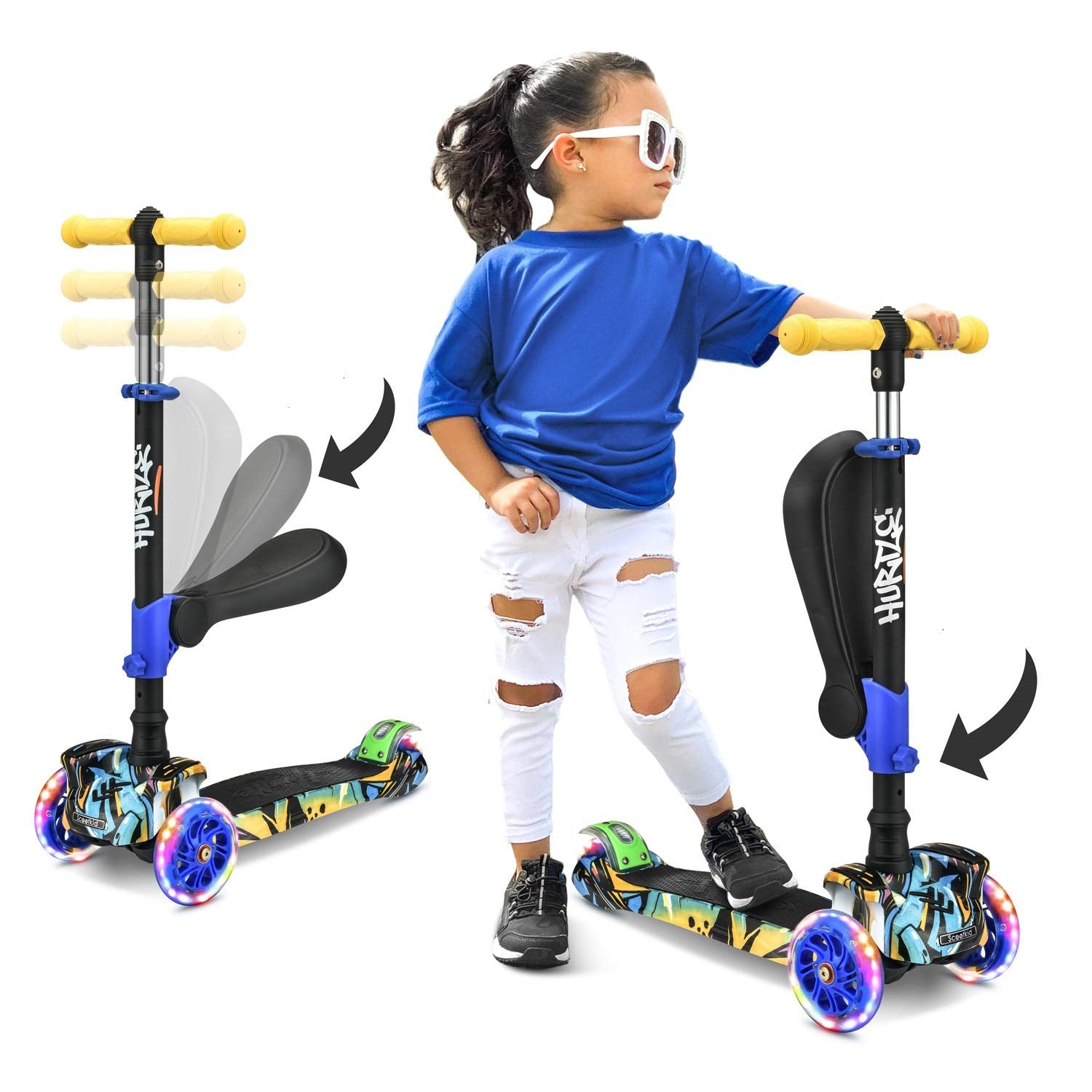 Hurtle 10 Wheeled Scooter for Kids - Stand & Cruise Child/Toddlers Toy Folding Kick Scooters w/Adjustable Height, Anti-Slip Deck