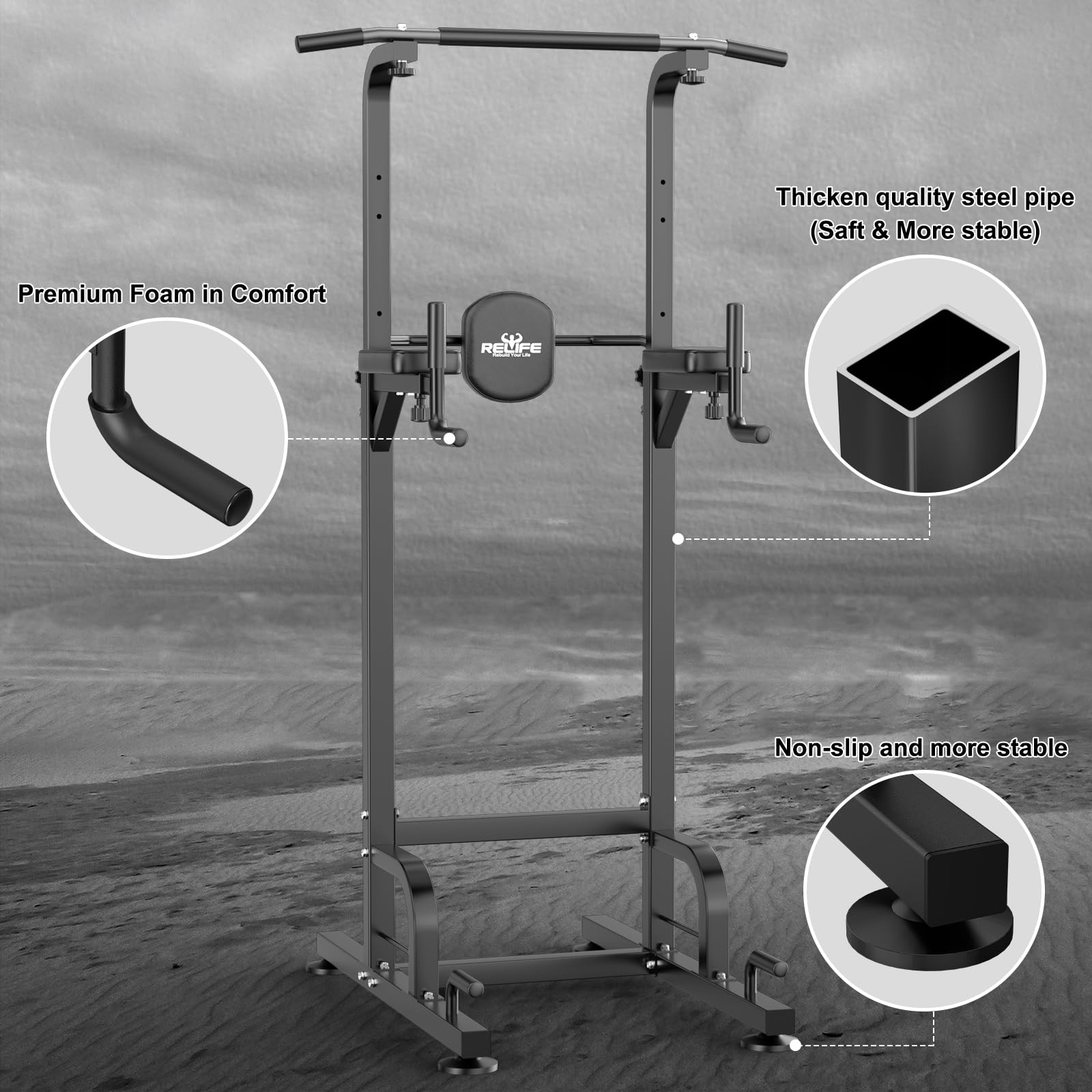 RELIFE REBUILD YOUR LIFE Power Tower Pull Up Bar Station Workout Dip Station for Home Gym Strength Training Fitness Equipment, 4