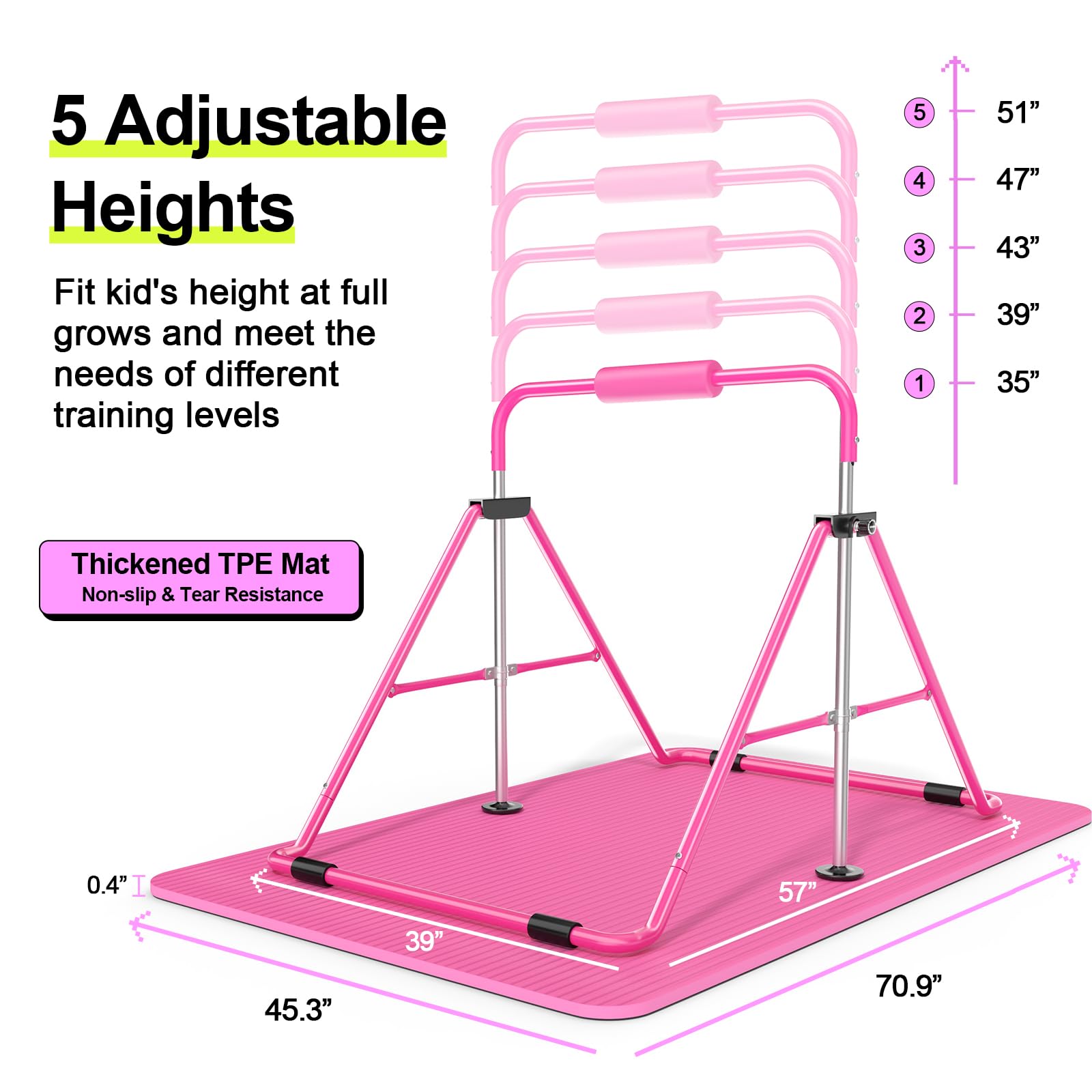 Safly Fun Expandable Gymnastics Bars Junior Training Bar Gymnastic Folding Horizontal Bars With Mat For Kids(Pink+Mat)