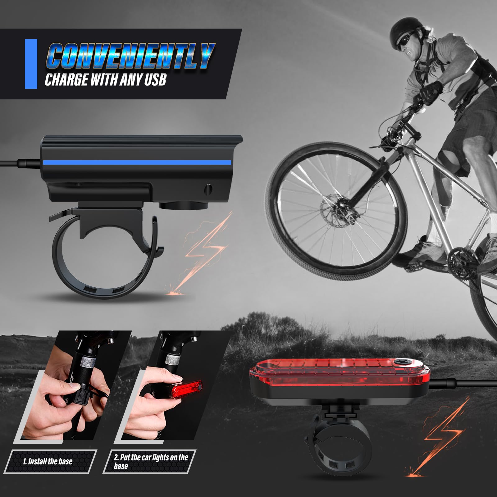 Kunhak Rechargeable Bike Lights, Ultra Bright Bicycle Lights For Night Riding, Road Mountain Bike Accessories For Kids Adults -