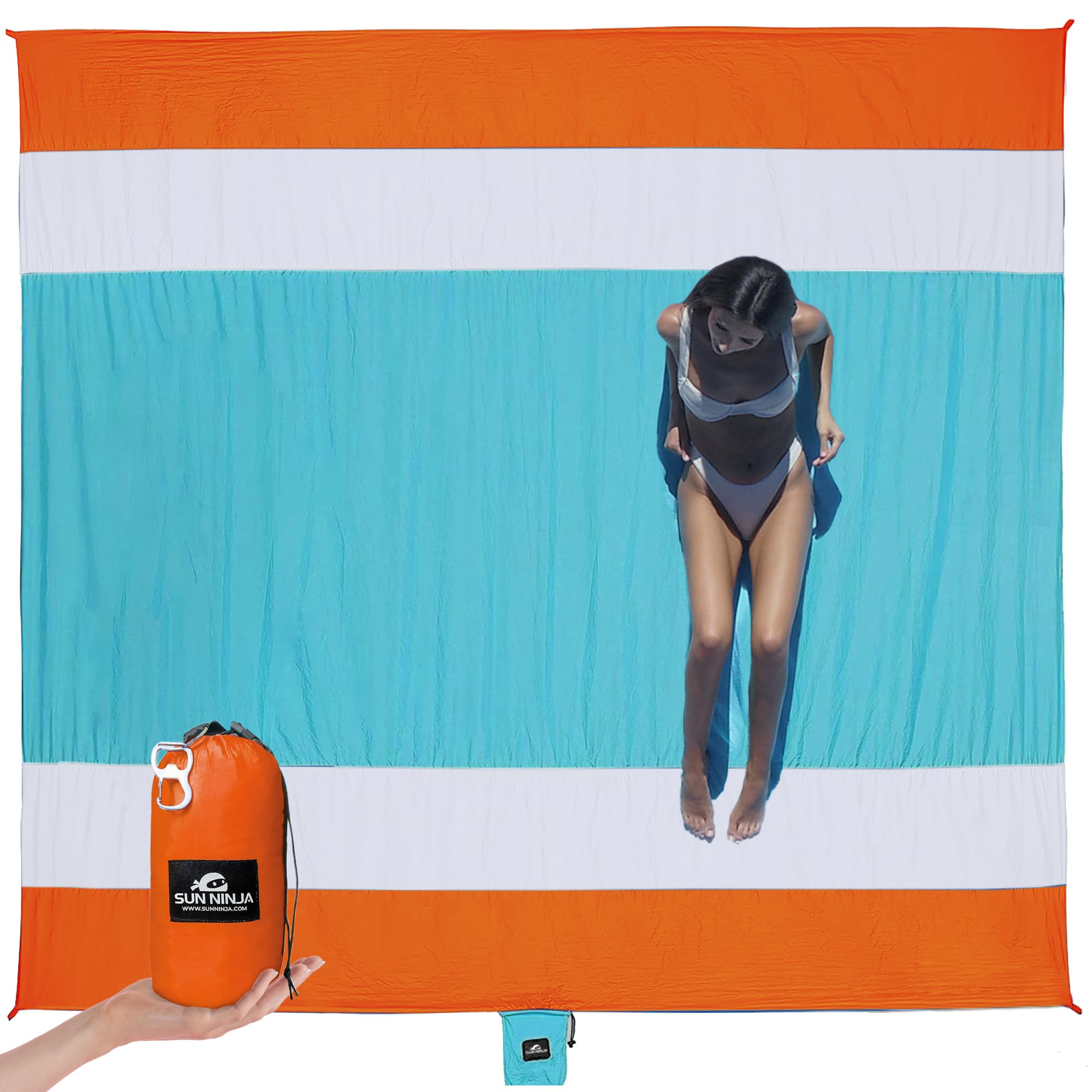 Sun Ninja Sand Free Beach Blanket - Outdoor Blanket, Beach Mat & Accessories - 10Ft X 9Ft Lightweight Blanket With Storage, Bott