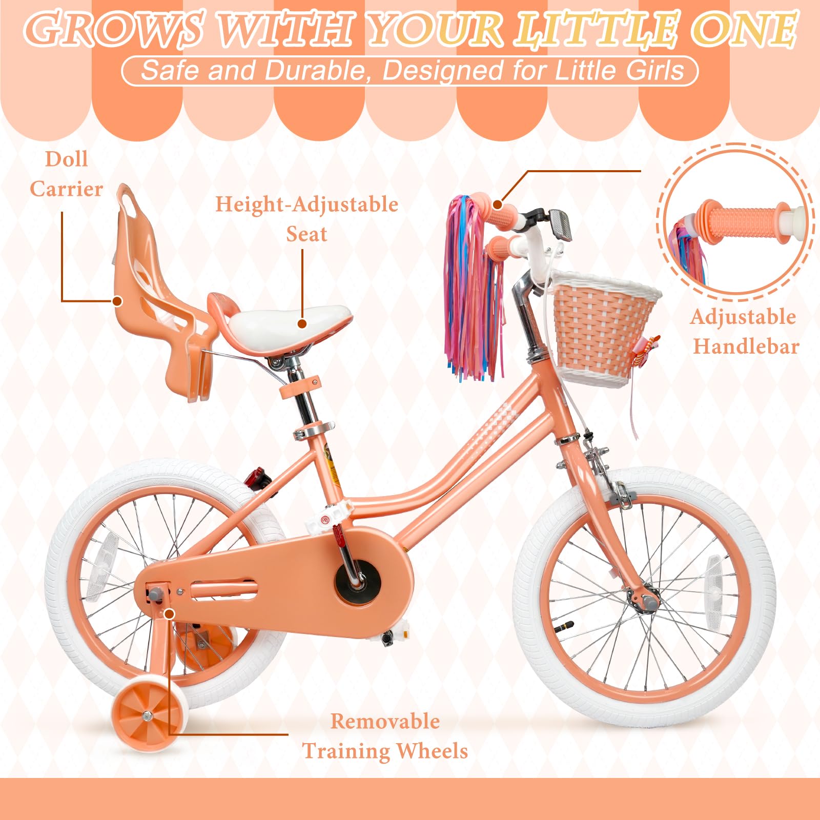 Glaf Toddler Girls Bike For Age 2-9 Years 12 14 16 Inch Girls Bike With Training Wheels And Doll Seat Kids Bike Bicycle With Bas