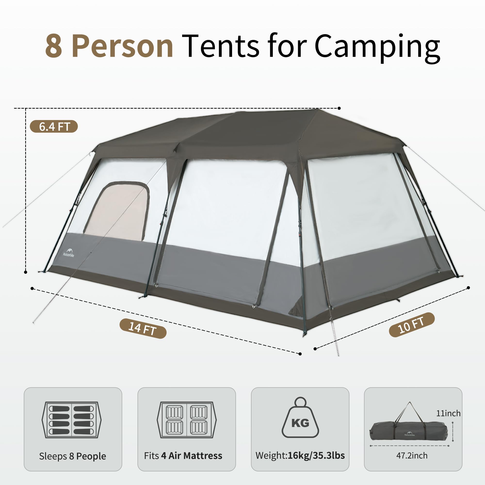 Naturehike Cape 6 Person 8 Person Camping Tent, 60S Easy Setup Instant Tent Pop Up Tent, Waterproof Large Tall 6/8 Person Tents