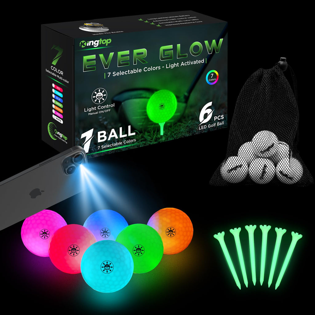 Kingtop Everglow Glow In The Dark Golf Ball - Light Activated 7-Color Led Golf Balls, Light Up Ball With Fluorescent Tees And St
