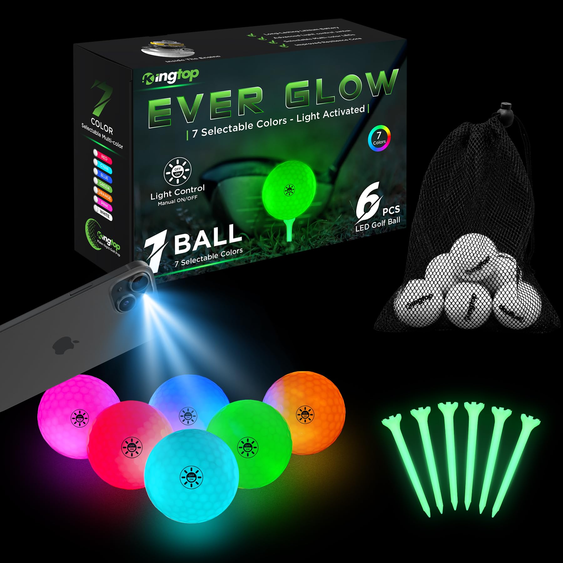 Kingtop Everglow Glow In The Dark Golf Ball - Light Activated 7-Color Led Golf Balls, Light Up Ball With Fluorescent Tees And St