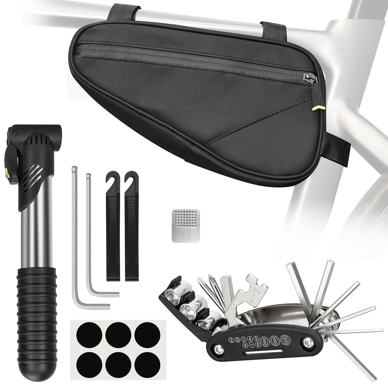 PXZBLG Bike Repair Kit, Bike Bicycle Frame Storage Bag, Waterproof Bike Triangle Bag, 16-in-1 Bike Multitool, Bicycle Tire Repai