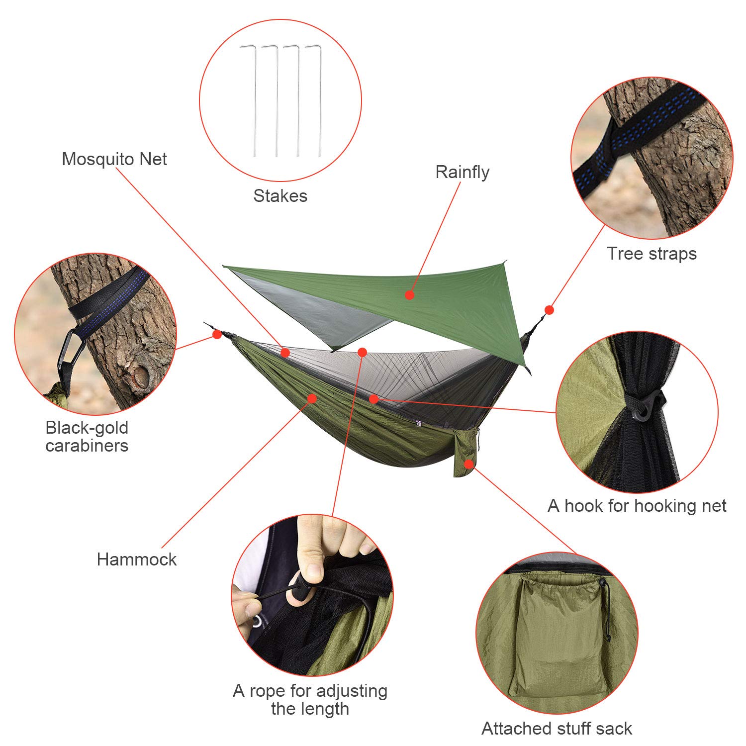 Firiner Camping Hammock With Rain Fly Tarp And Mosquito Net Tent Tree Straps, Portable Single Double Nylon Parachute Hammock Rai