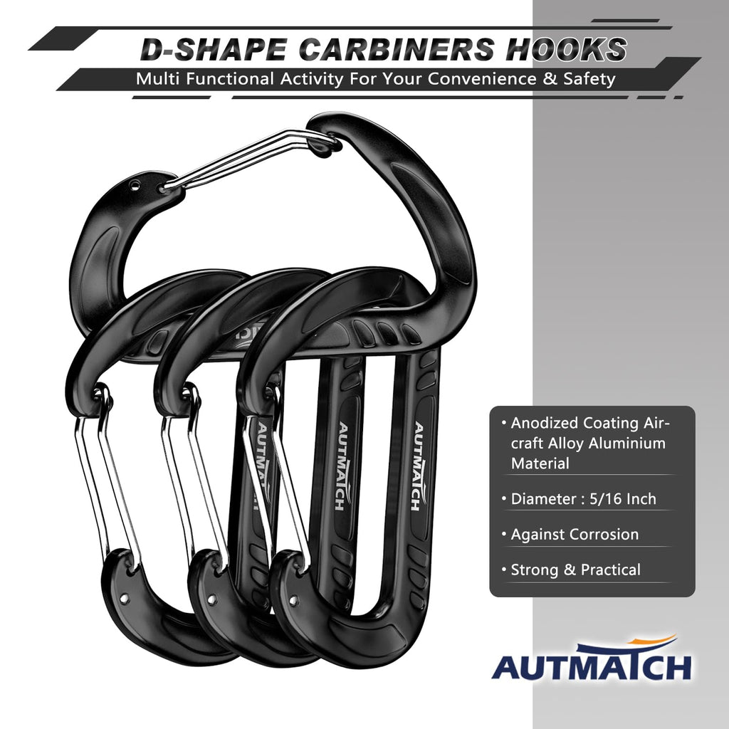 Autmatch Carabiner Clips, 3'' Aluminium Spring Snap Hook Caribeener Clips, 12Kn Heavy Duty Wiregate Carabiners For Camping, Back