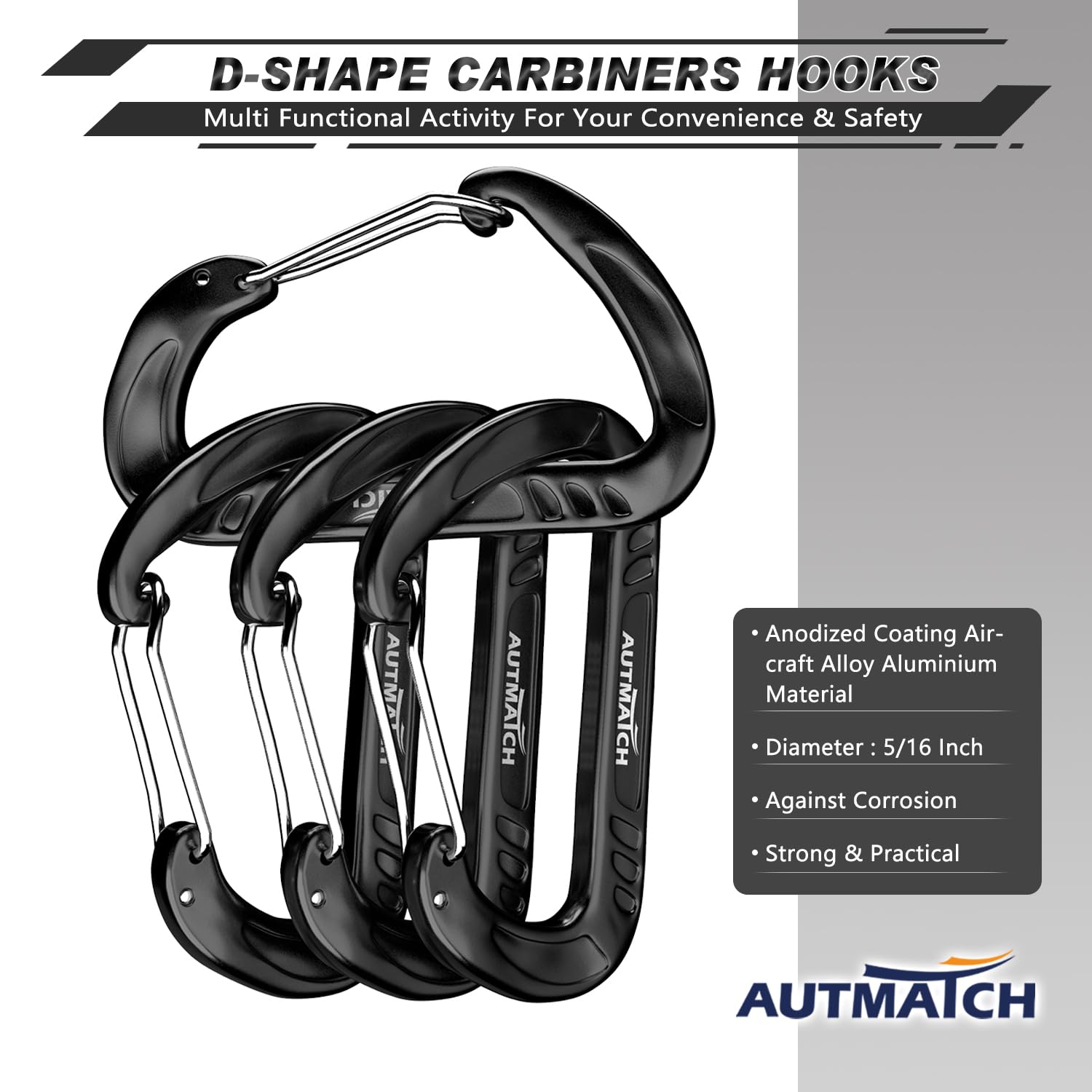 Autmatch Carabiner Clips, 3'' Aluminium Spring Snap Hook Caribeener Clips, 12Kn Heavy Duty Wiregate Carabiners For Camping, Back
