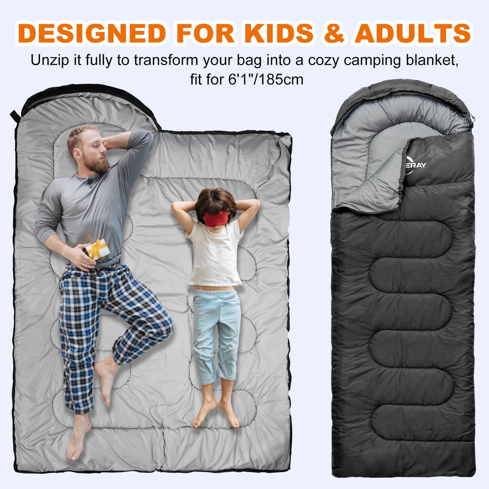 Synderay Sleeping Bags For Adults Cold Weather & Warm - Backpacking Camping Sleeping Bag For Kids 10-12, Girls, Boys - Lightweig
