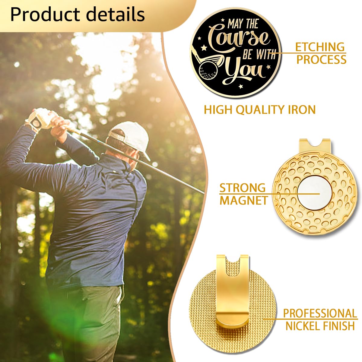 Geygie May The Course Be With You Black Gold Golf Ball Marker With Magnetic Hat Clip, Golf Accessories For Men Women, Golf Gifts