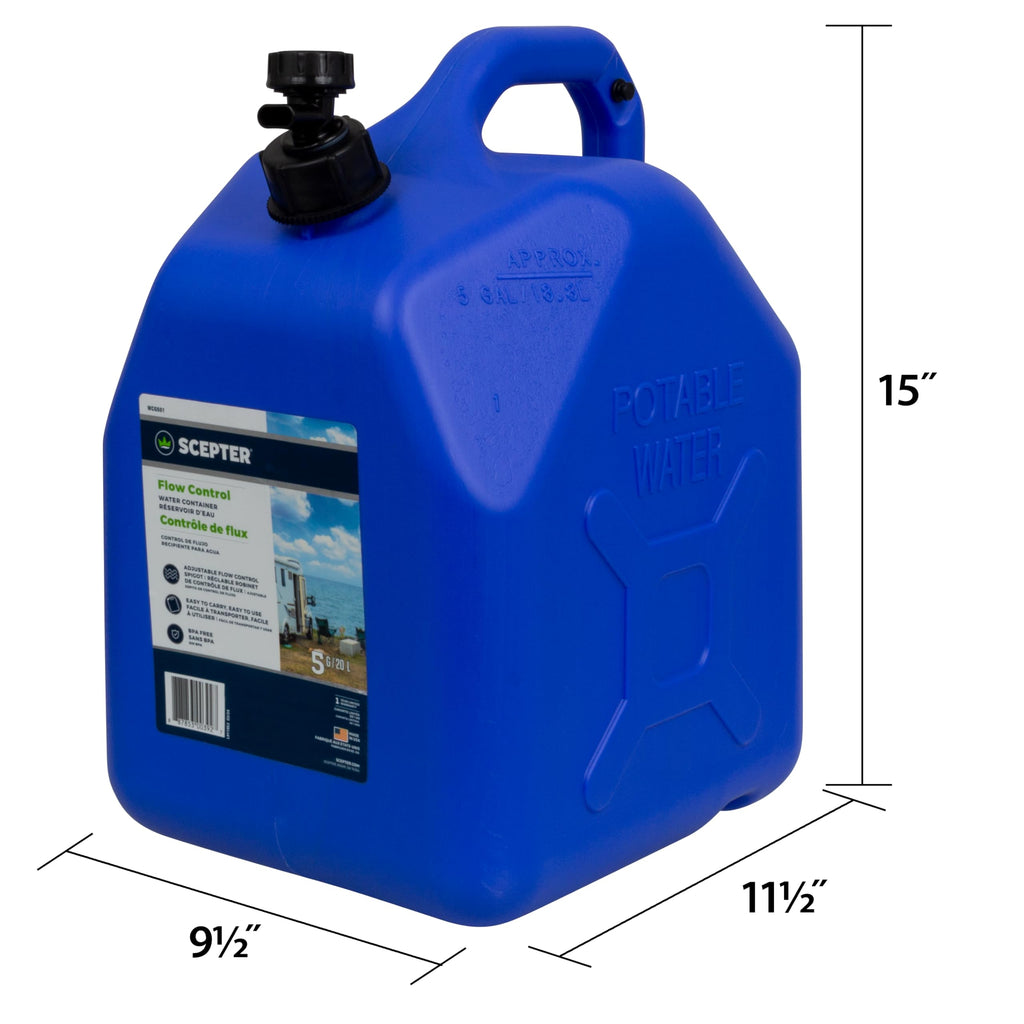 Scepter Flow Control 5 Gallon Water Jug With Spigot, Leak-Proof Heavy Duty Water Can For Camping Supplies, Storage, Hurricanes A