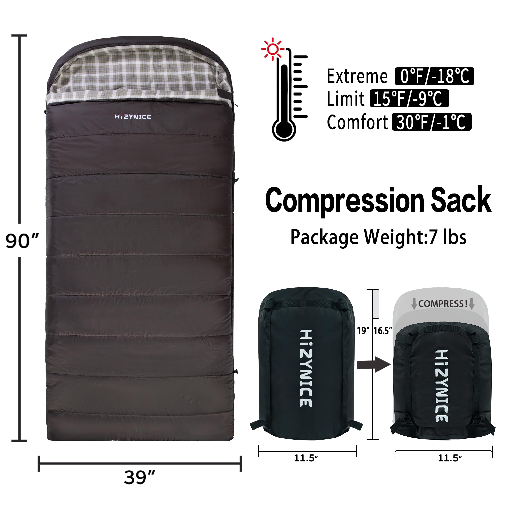 HiZYNICE Sleeping Bags for Adults Large Wide Cold Weather 0 Degree XL XXL Plus Size Oversized,Olive Brown Left Zip