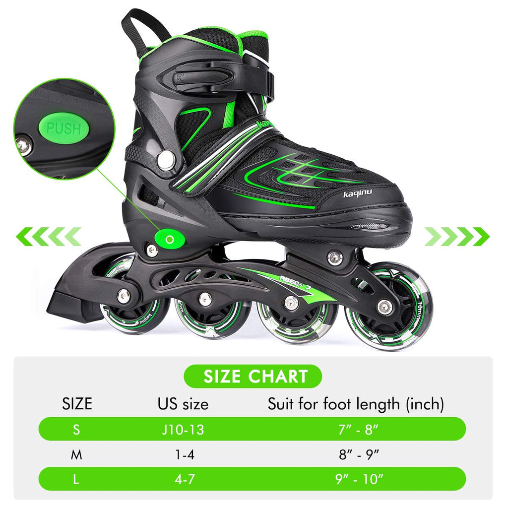 Kaqinu Adjustable Inline Skates, Outdoor Inline Skates With Full Illuminating Wheels For Women, Kids, Girls And Boys (Green, L)