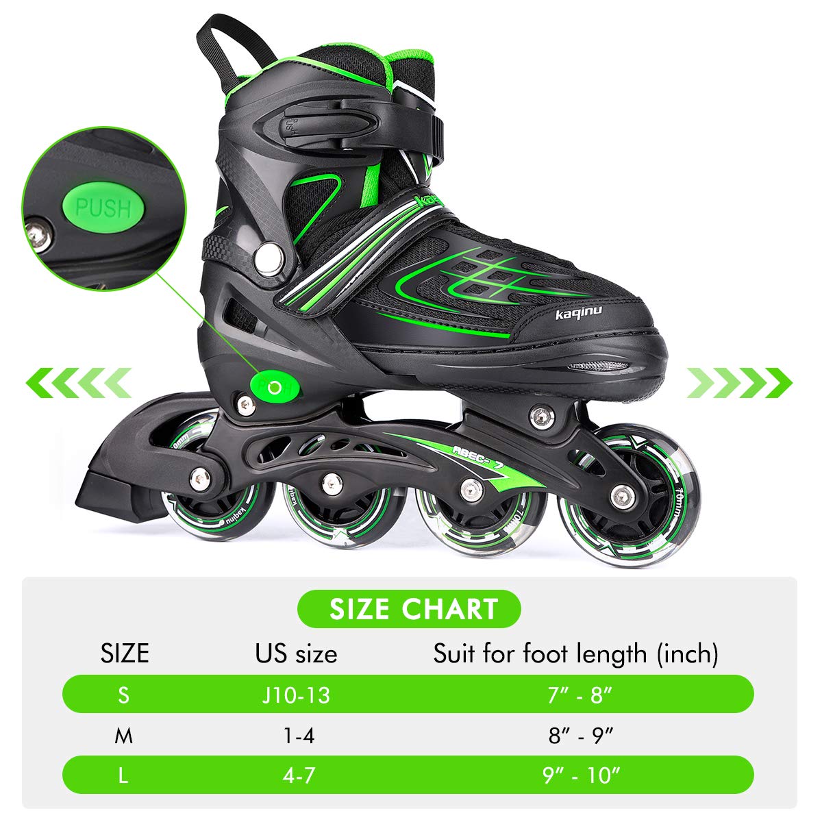 Kaqinu Adjustable Inline Skates, Outdoor Inline Skates With Full Illuminating Wheels For Women, Kids, Girls And Boys (Green, L)
