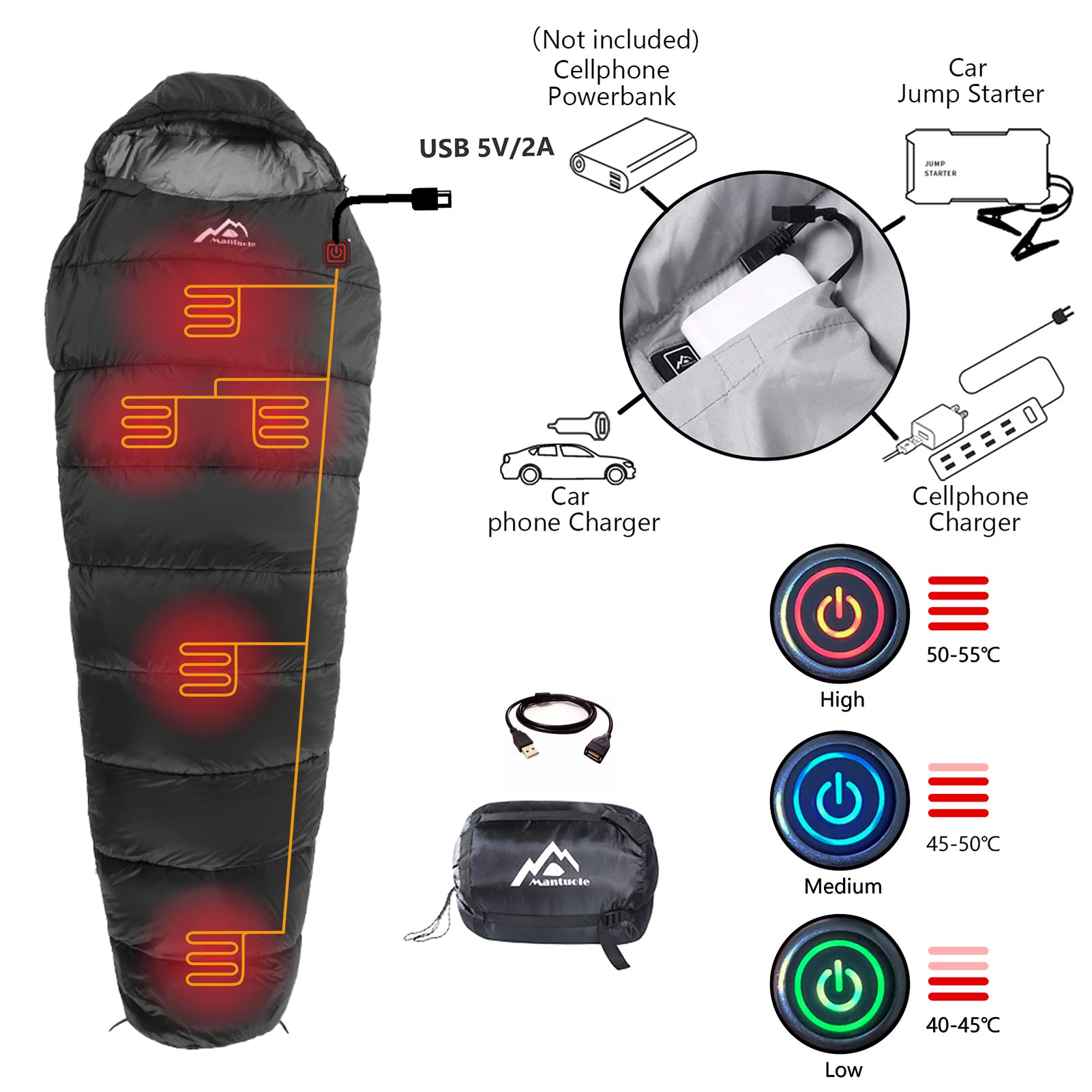 Mantuole Heated Sleeping Bag 5Pcs Multi Usb Power Support Heating Pads,Operated With Battery Power Bank Or Other Usb Power Suppl