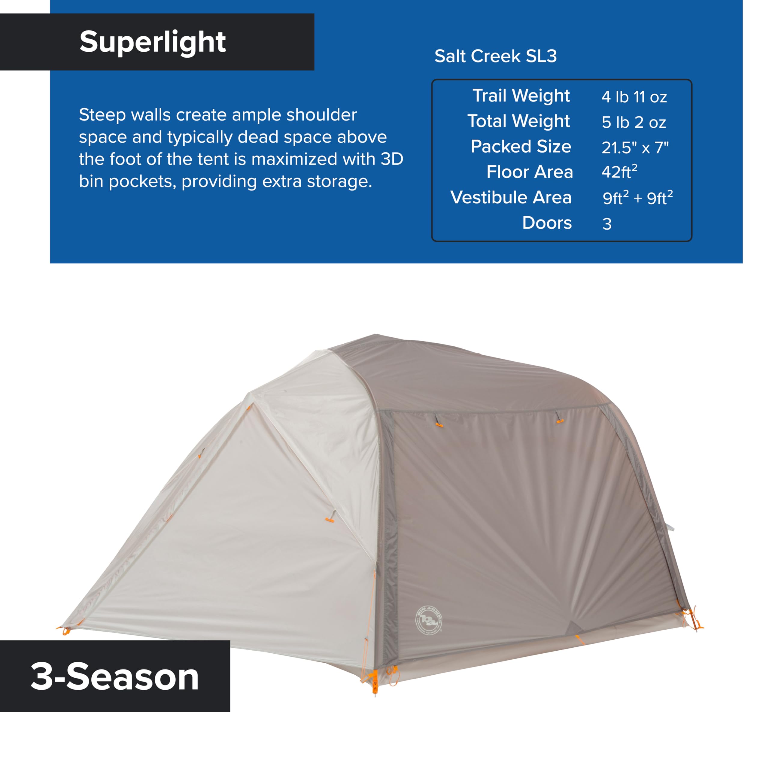Big Agnes Salt Creek Sl Backpacking Tent, 3 Person