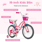 Baby Joy Kids Bike, 18 Inch Kids Bicycle W/Training Wheels, Adjustable Seat Handlebar Height, Storage Basket, Doll Seat, Handbra