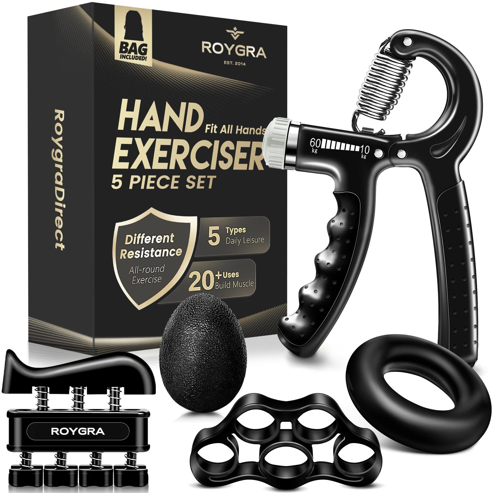 roygra Grip Strength Trainer (5 Pack), Forearm Strengthener Exerciser, Hand Strengthening Devices, Finger Strengthener, Workout 