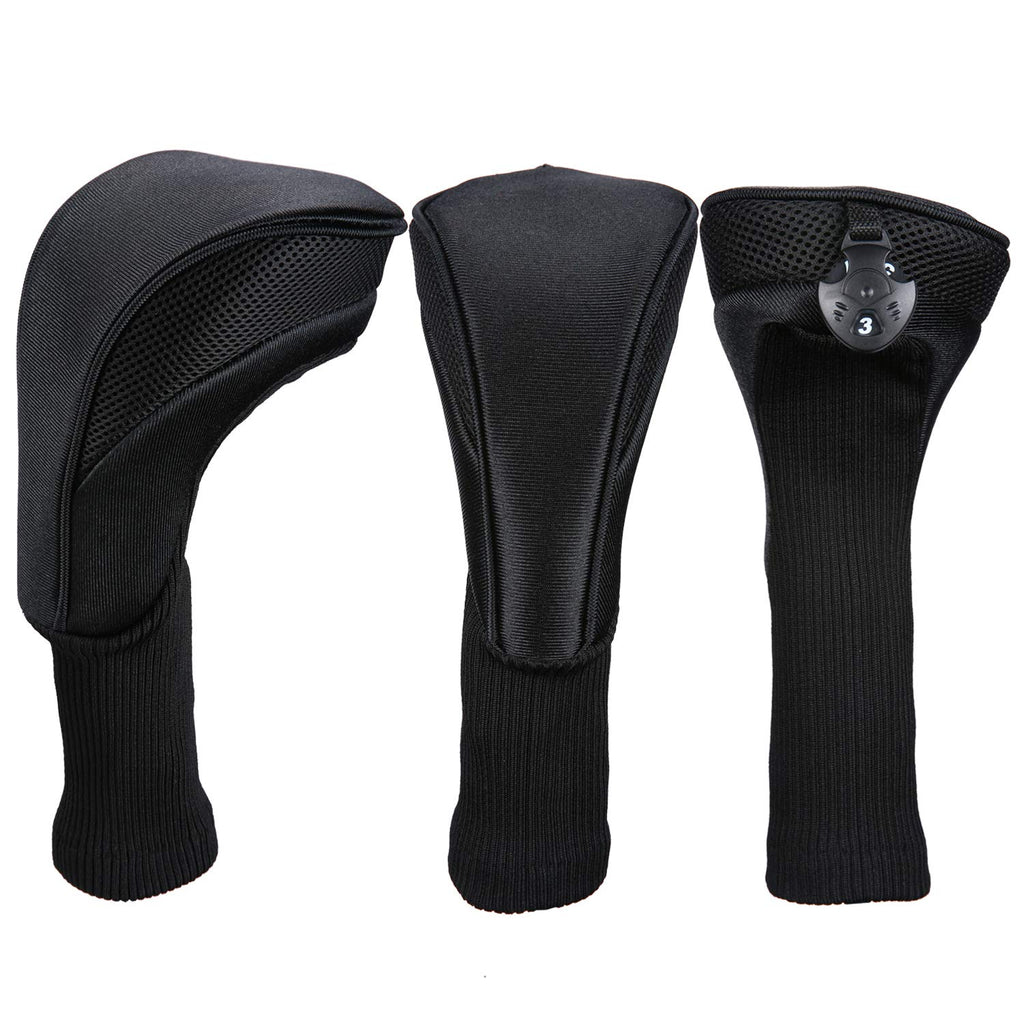 Black Golf Club Head Cover For Driver Fairway 3 Pcs Woods Headcovers, Golf Accessories Hybrid Head Covers Set With Interchangeab
