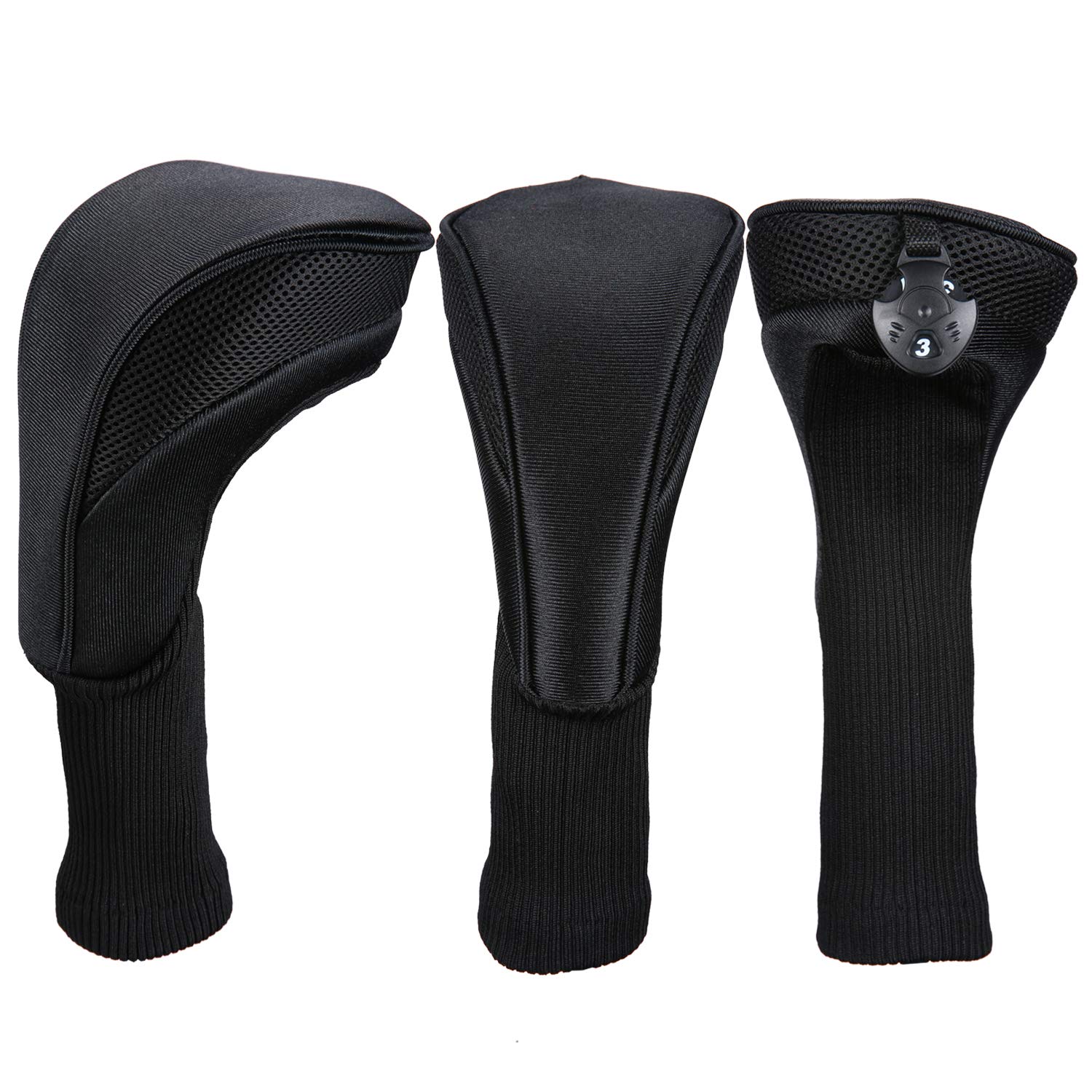 Black Golf Club Head Cover For Driver Fairway 3 Pcs Woods Headcovers, Golf Accessories Hybrid Head Covers Set With Interchangeab
