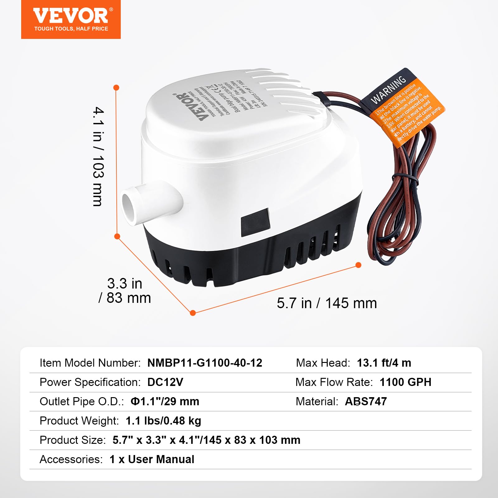 Vevor Bilge Pump, 1100Gph 12V Automatic Submersible Boat Bilge Water Pump With Float Switch, 1.1'' Outlet Diameter, Small Boat B