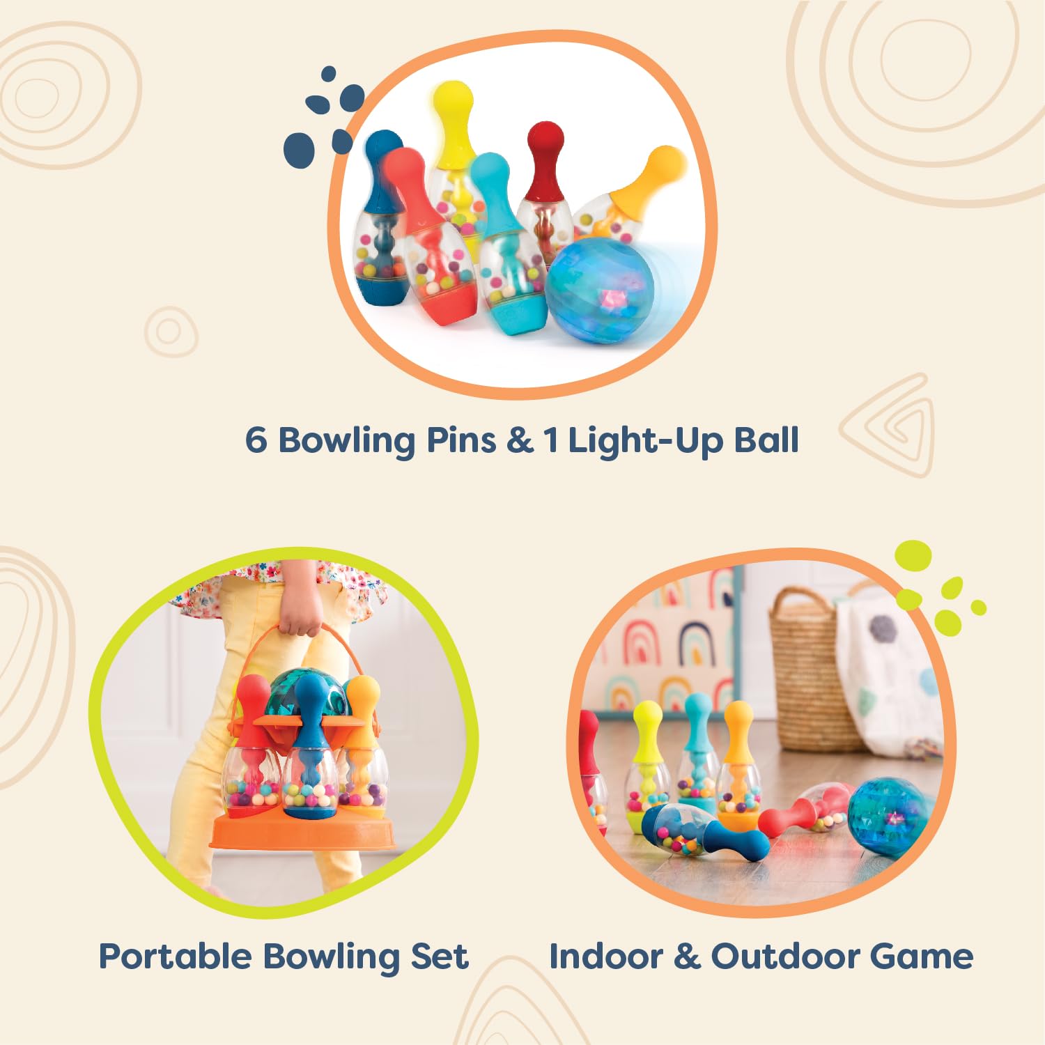 B. Toys- Lets Glow Bowling! - Multicolored Six Pin Toy Bowling Set With Flashing Light-Up Ball & Carrying Caddy For Kids- 2 Year