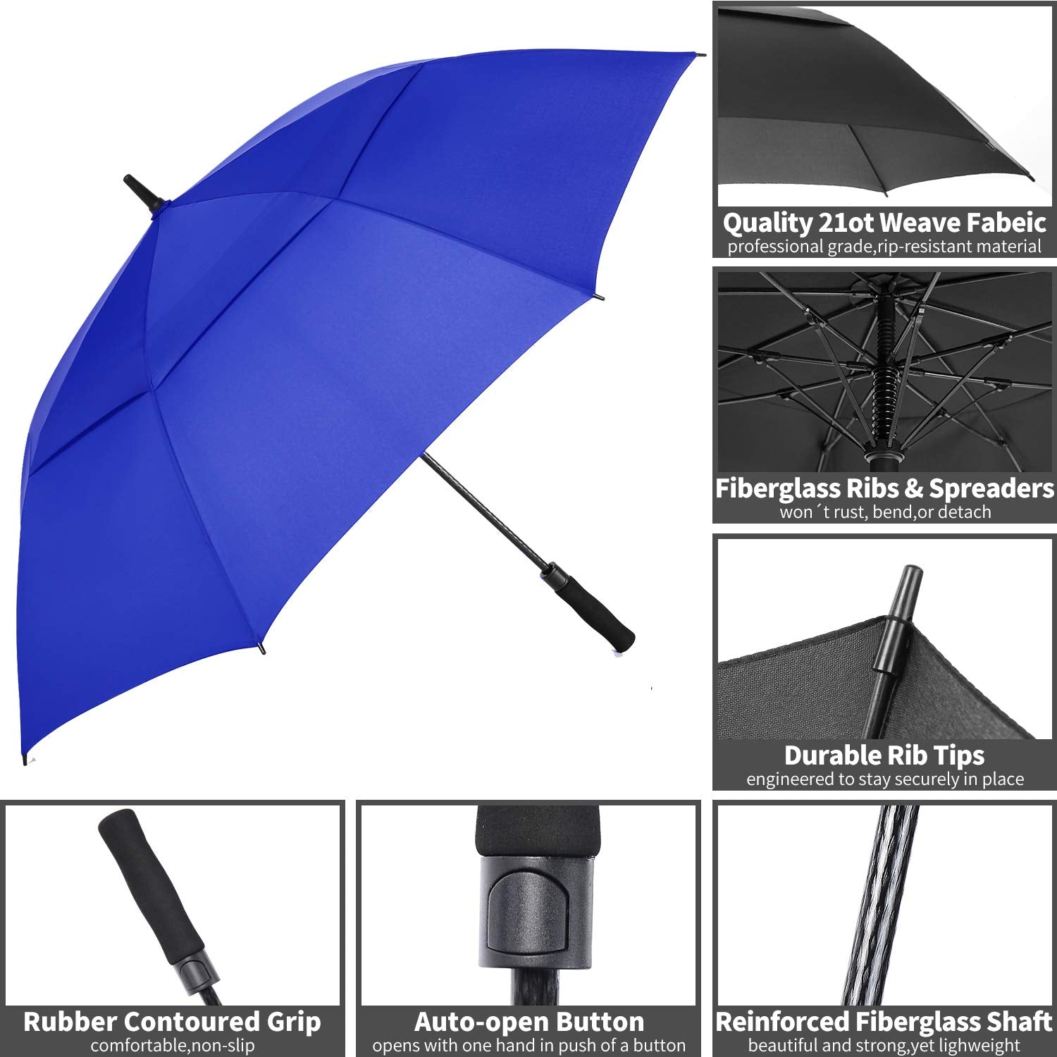 Mrtlloa 68 Inch Automatic Open Royal Blue Golf Umbrella, Extra Large Oversize Double Canopy Vented Windproof Waterproof Stick Um