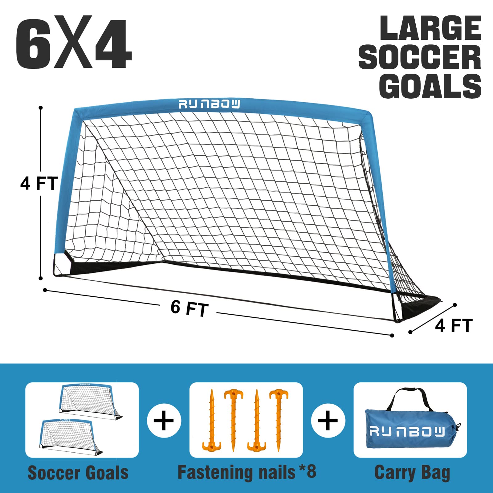 Runbow 6X4 Ft Portable Kids Soccer Goal For Backyard Practice Soccer Net Set Of 2 With Carry Bag (6X4 Ft, Blue, 2 Pieces)